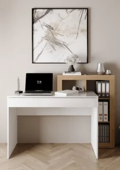 Scrivania moderna in Bianco Lucido e Rovere Cadiz con vani a giorno e cassetto L 138