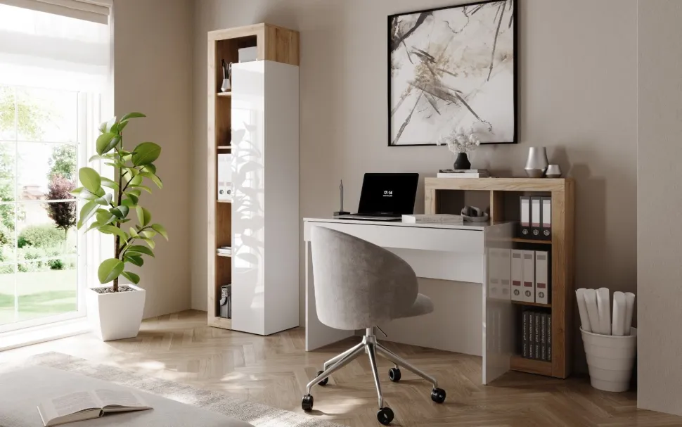 Scrivania moderna in Bianco Lucido e Rovere Cadiz con vani a giorno e cassetto L 138