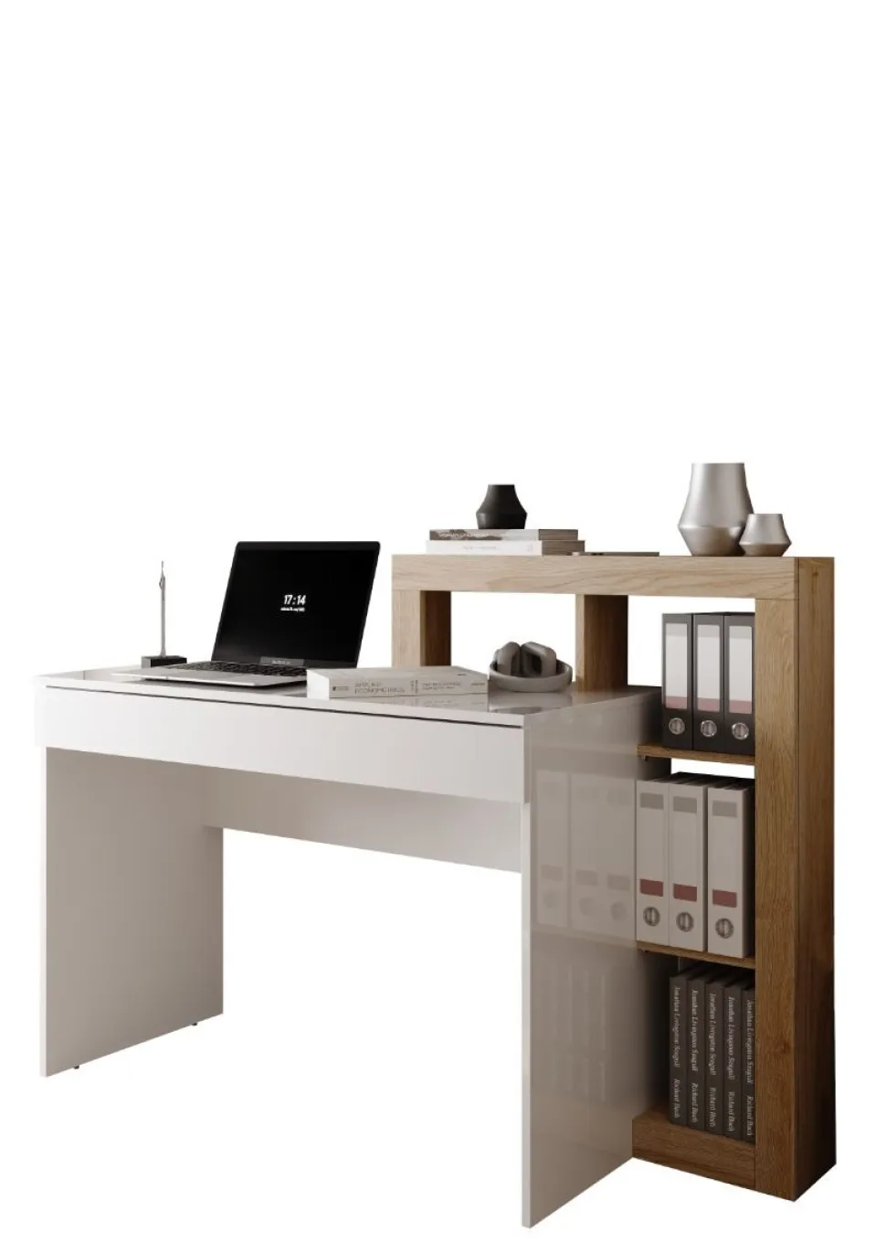 Scrivania moderna in Bianco Lucido e Rovere Cadiz con vani a giorno e cassetto L 138