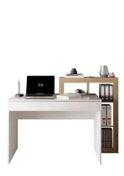 Scrivania moderna in Bianco Lucido e Rovere Cadiz con vani a giorno e cassetto L 138