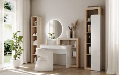 Scrivania moderna in Bianco Lucido e Rovere Cadiz con vani a giorno e cassetto L 138