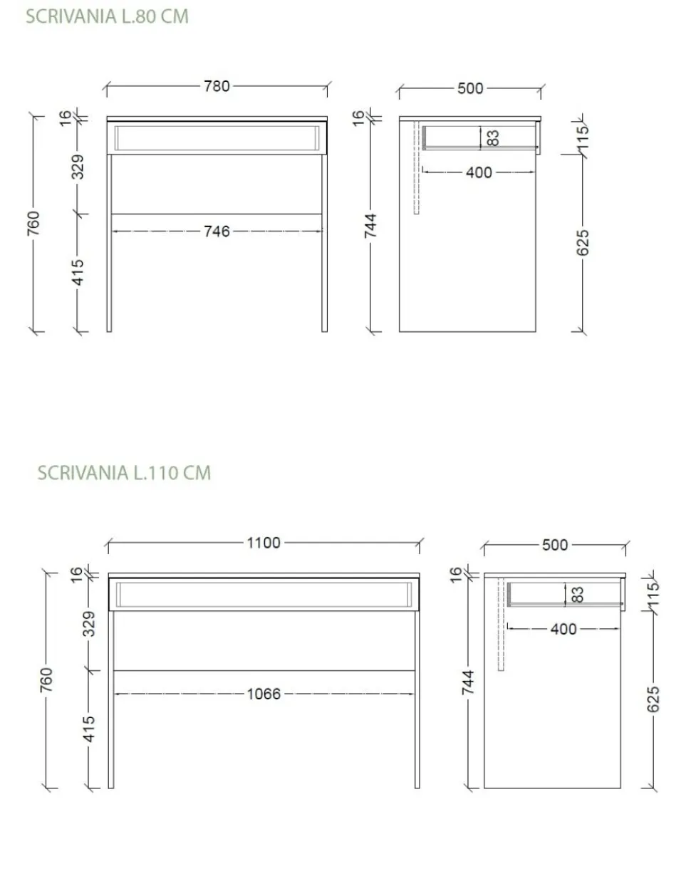 Scrivania moderna salvaspazio con 1 cassetto disponibile in 2 misure in finitura Bianco Lucido
