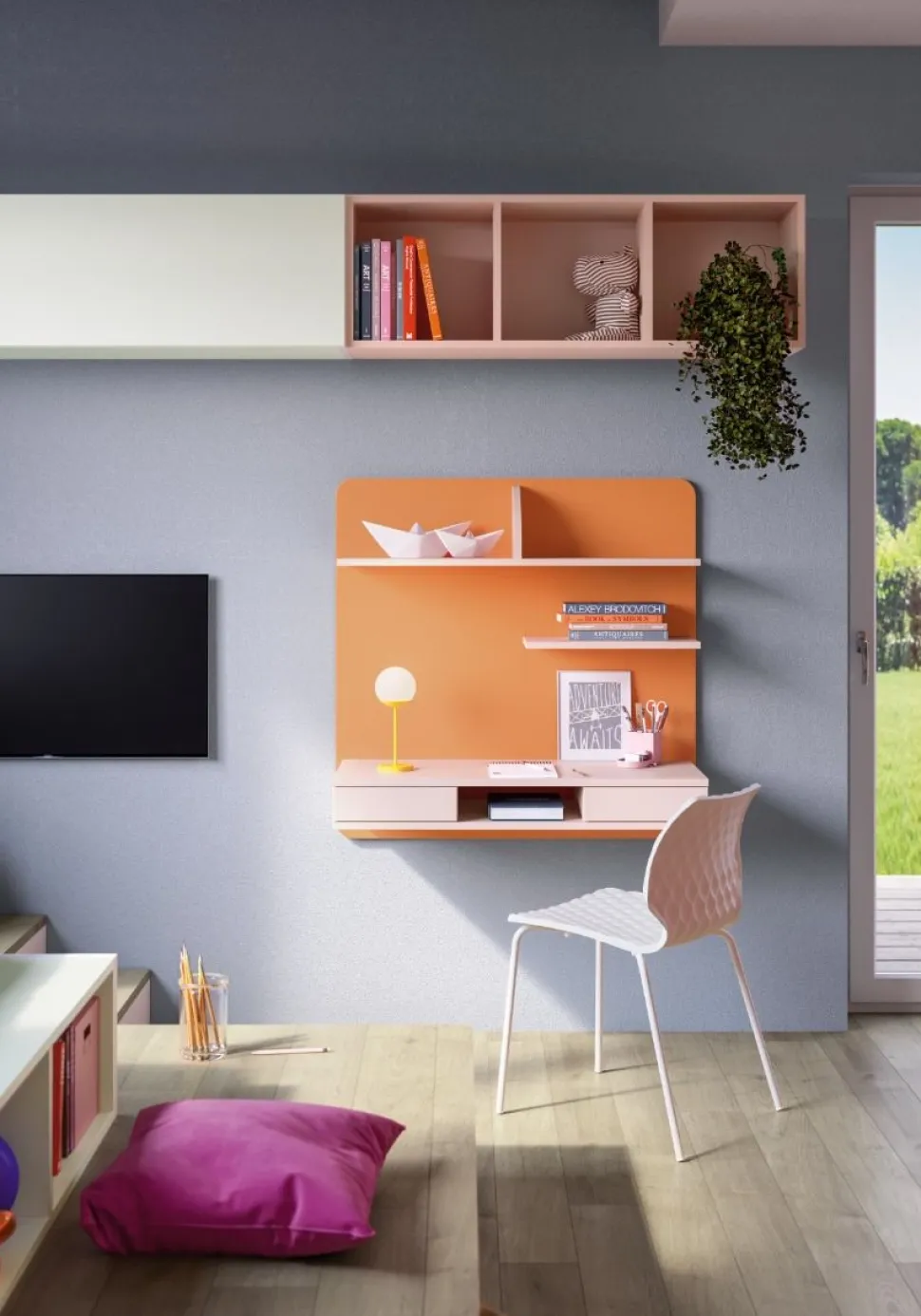 Scrivania Sospesa Moderna Linea Colorfull con Cassetti e Mensole (Colori Personalizzabili)