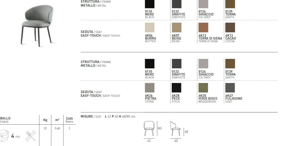 Sedia imbottita e rivestita in tessuto Candy disponibile in 8 colori