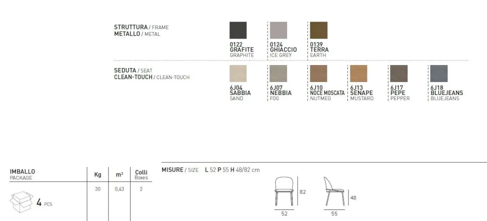 Sedia moderna e colorata imbottita e rivestita in tessuto Ofelia disponibile in 6 colori