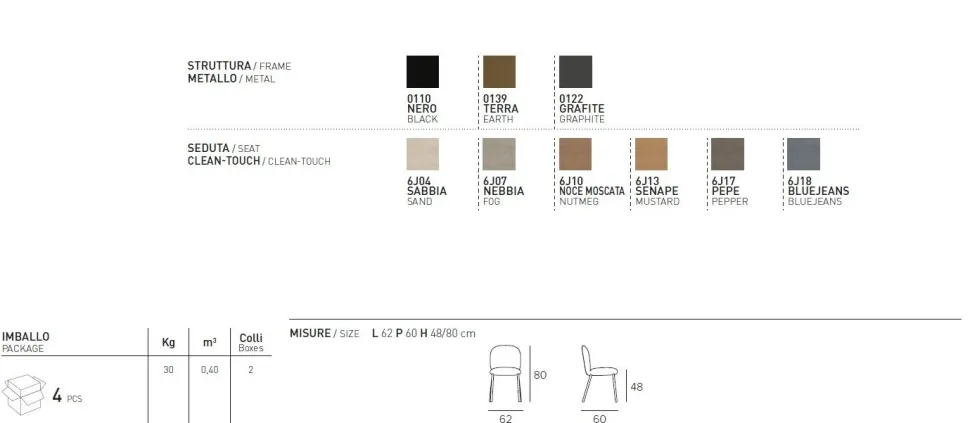 Sedia moderna e colorata imbottita e rivestita in tessuto Nara disponibile in 6 colori