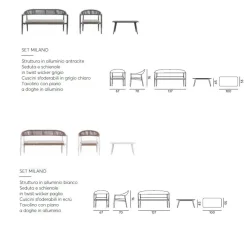 Set di Divani da Esterno Milano con Divano, 2 Poltrone e Tavolino in Alluminio e Twist Wicker