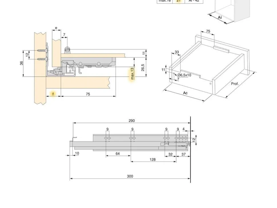 Set di guide per cassetti a scomparsa Silver, estrazione totale, con chiusura soft e aggancio, profondità 290 mm, Acciaio, Zincato bianco