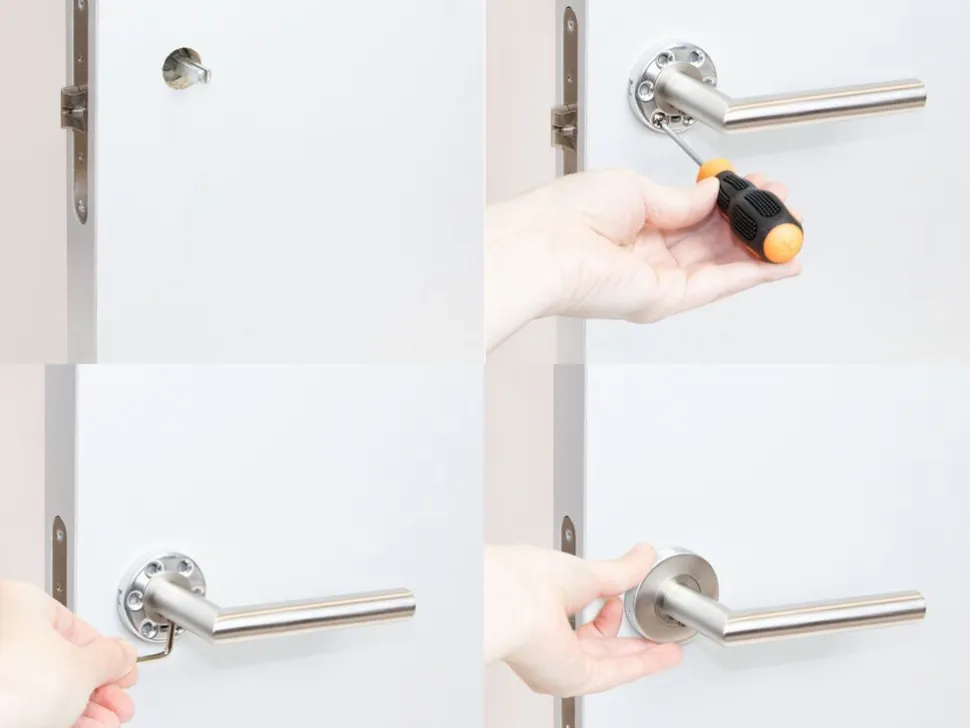 Set di maniglie per porte interne con rosetta D.53mm forma a L in Acciaio inox
