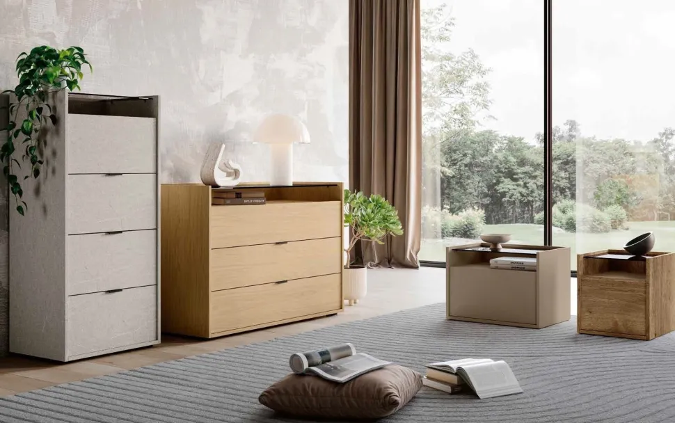 Settimino retrofinito con top in vetro Fumè 4 cassetti Moira disponibile in vari colori