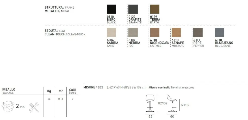 Sgabello regolabile in altezza con seduta rivestita in tessuto Okinawa disponibile in 6 colori