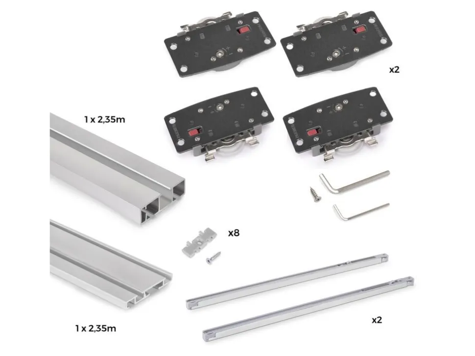 Sistema Flow 2 da superficie in kit per un armadio con 2 ante scorrevoli in legno supportate da chiusura ammortizzata