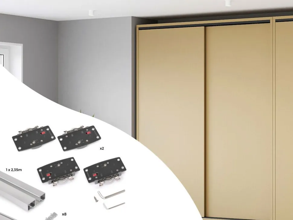 Sistema Flow 2 da superficie in kit per un armadio con 2 ante scorrevoli in legno supportate da chiusura ammortizzata