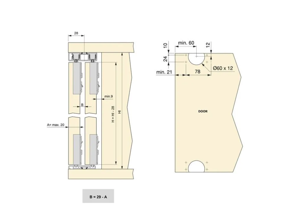 Sistema Flow 2 da superficie in kit per un armadio con 2 ante scorrevoli in legno supportate da chiusura ammortizzata