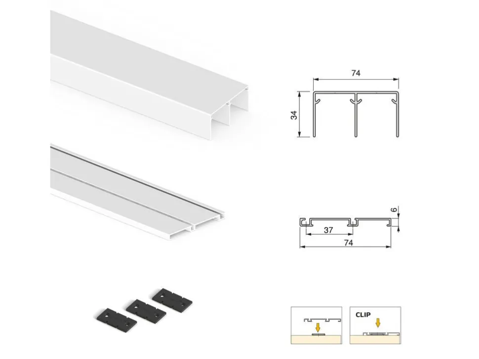 Sistema scorrevole per armadio a 2 ante con chiusura ammortizzata Placard 74 e profilo Wave Verniciato bianco