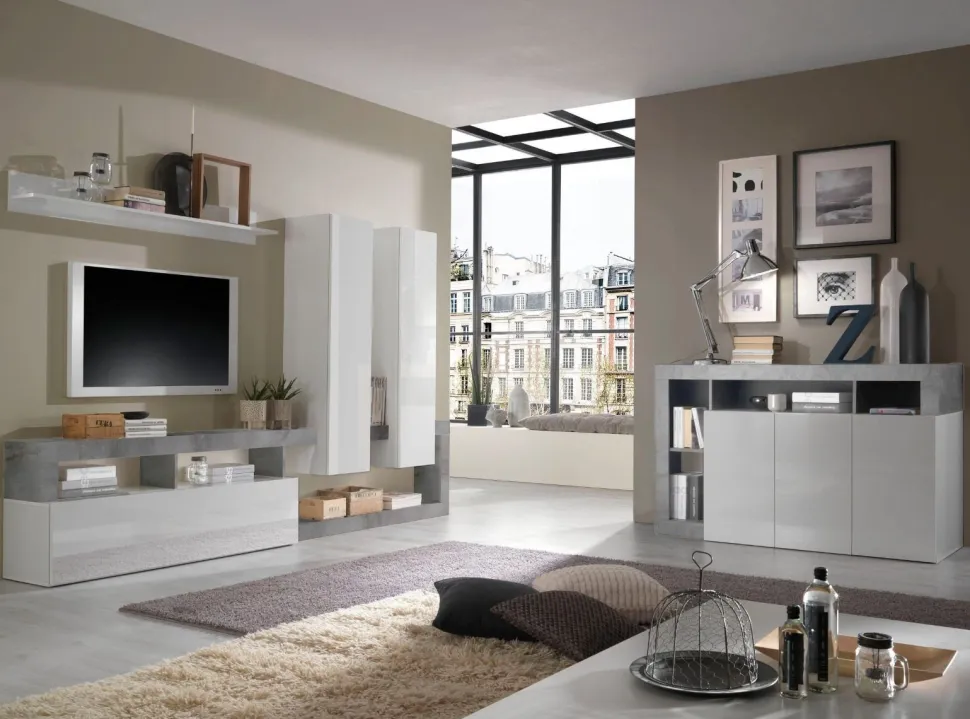 Soggiorno Clea linea Frame in Bianco Lucido e Cemento