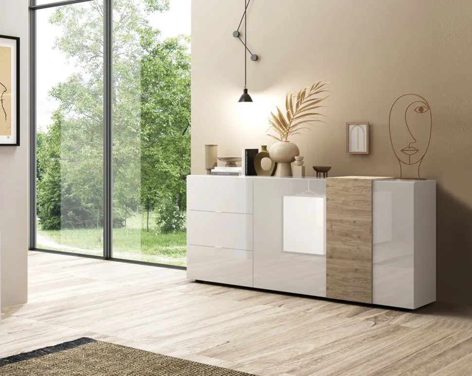 Soggiorno Giovanna linea Olimpo finitura Bianco Lucido e Rovere Kadiz