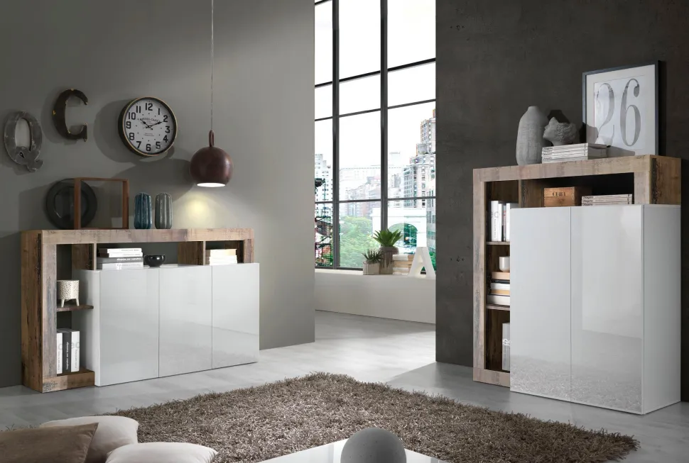 Soggiorno Mina linea Frame in Bianco Lucido e Pero