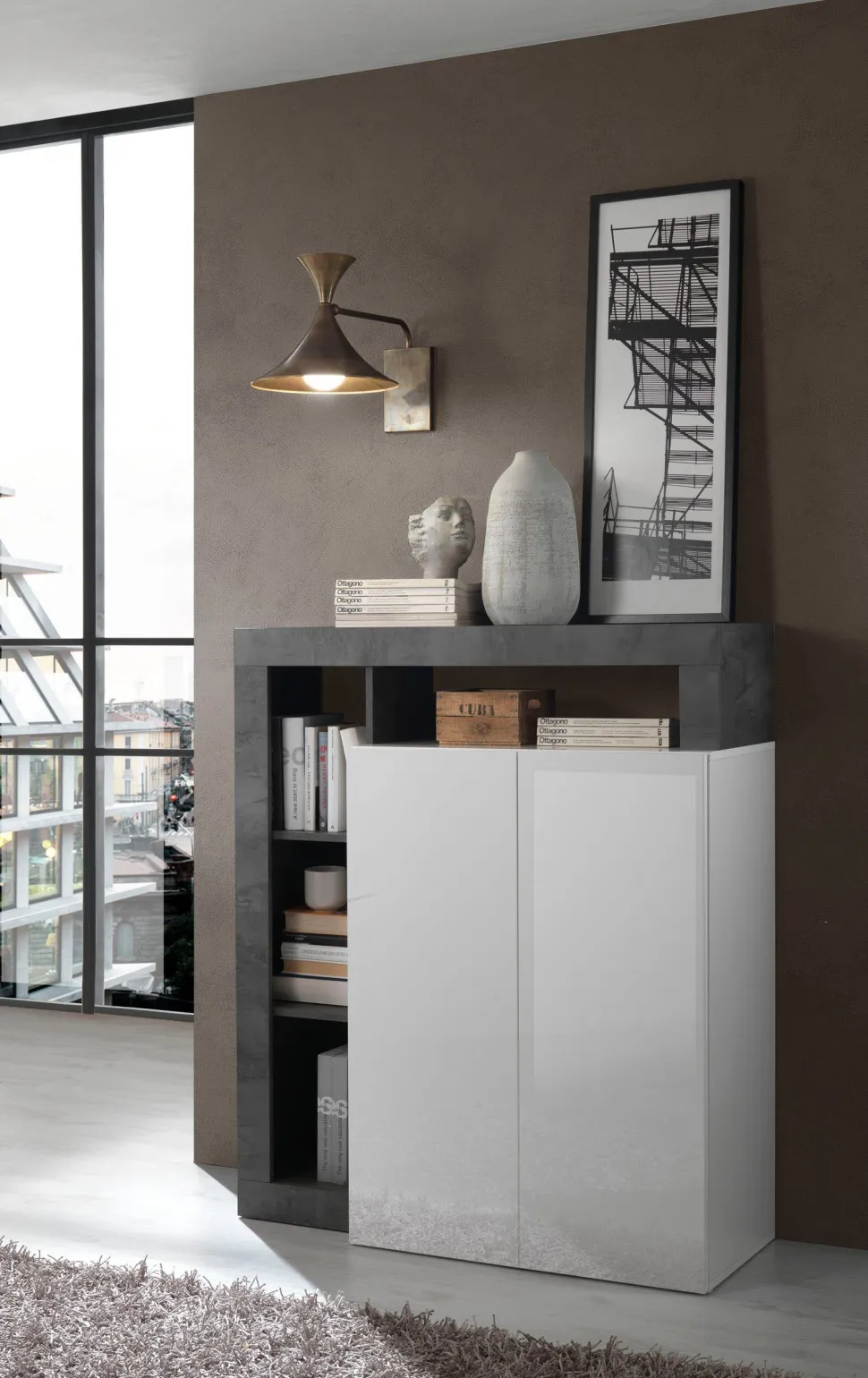 Soggiorno Mina linea Frame in Bianco Lucido e Ossido