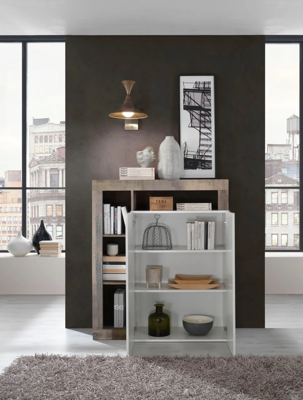Soggiorno Porzia linea Frame in Bianco Lucido e Pero