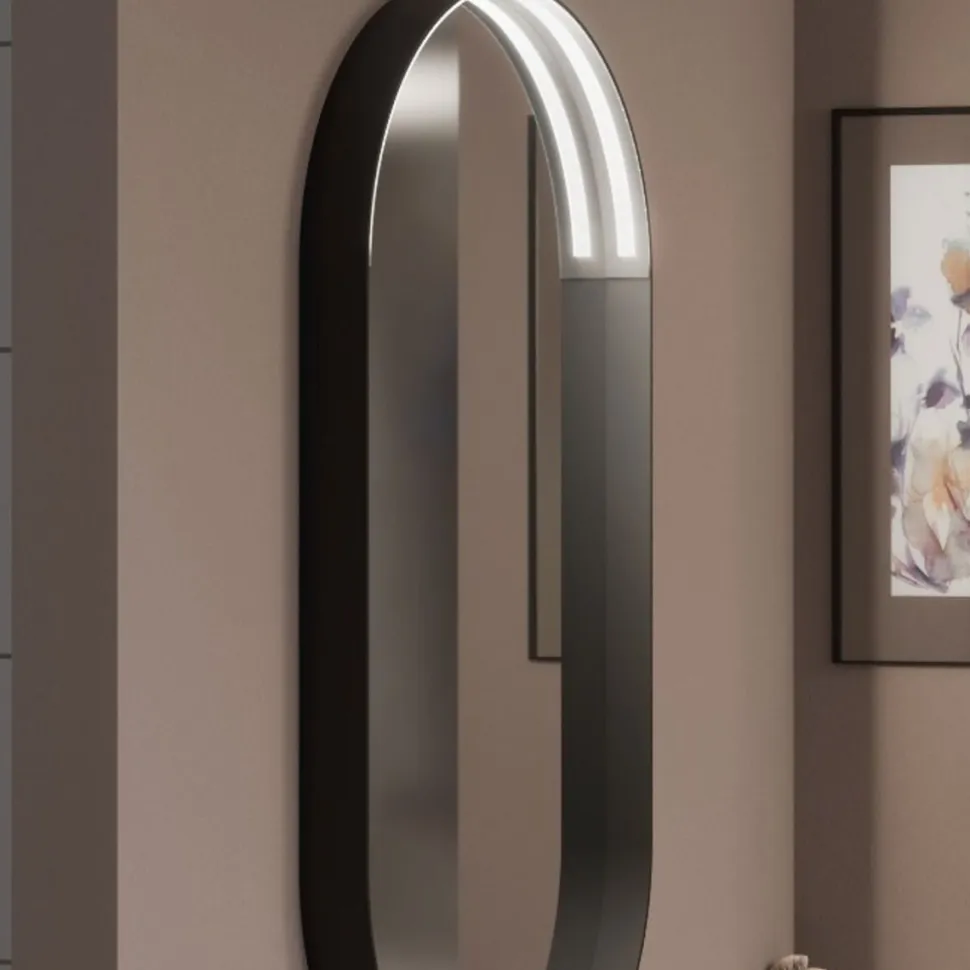 Specchio ovale con luce LED integrata e cornice in metallo nera