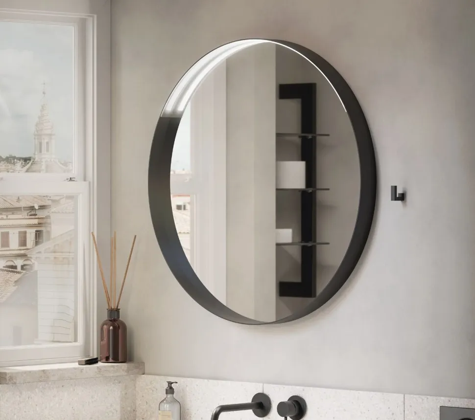 Specchio rotondo con luce LED integrata e cornice in metallo nera
