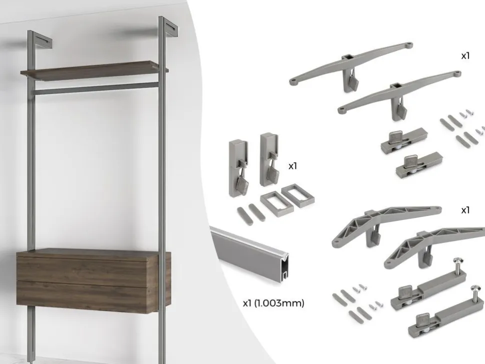 Staffe per 1 ripiano in legno, 1 modulo e 1 asta di sospensione, lunghezza 1 m Zero, Zama, Verniciato nero testurizzato
