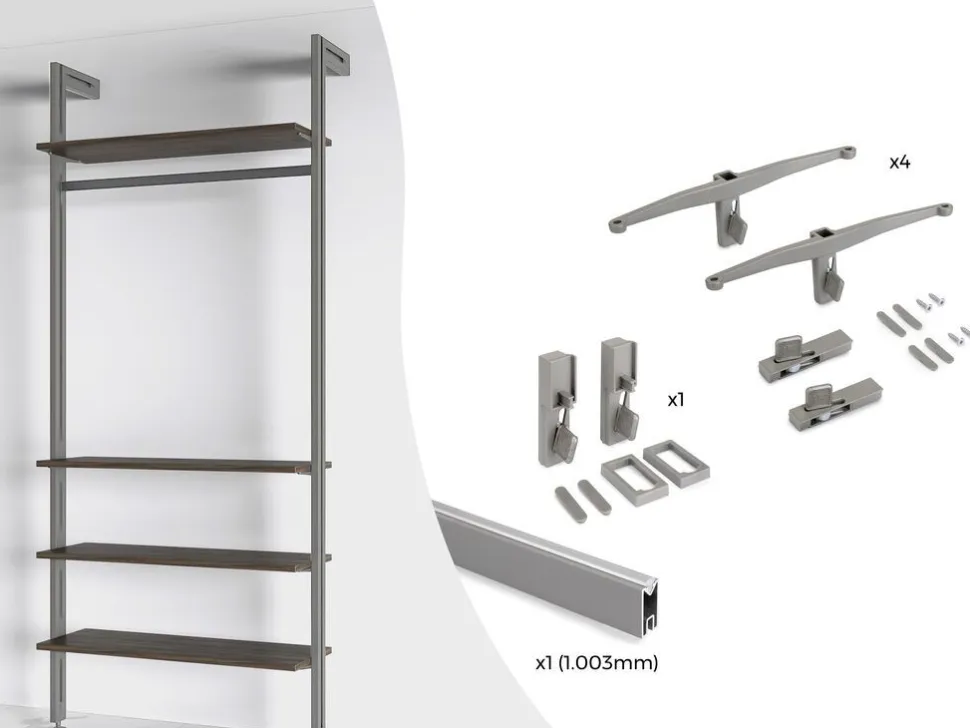 Supporti per 3 ripiani in Legno e 1 modulo per struttura Zero, Zama, Verniciato grigio pietra