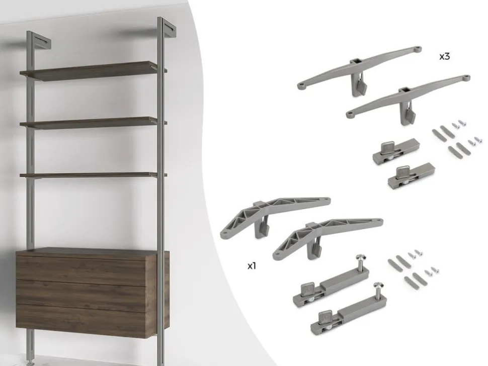 Supporti per 3 ripiani in Legno e 1 modulo per struttura Zero, Zama, Verniciato grigio pietra