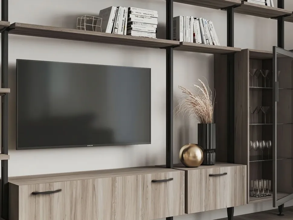 Supporti per 3 ripiani in Legno e 1 modulo per struttura Zero, Zama, Verniciato grigio pietra