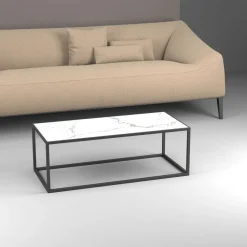 Tavolino basso da salotto con struttura in alluminio e piano in vetro personalizzabile