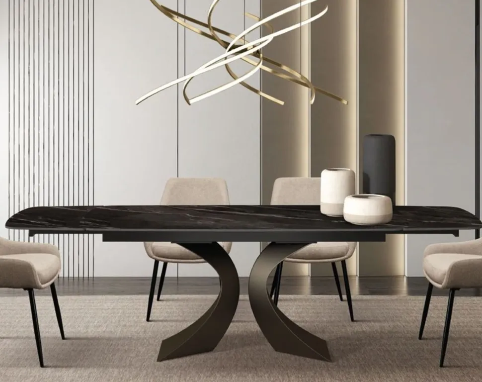 Tavolo Allungabile con base Bronzo e piano in Ceramica Marmo Nero Opaco