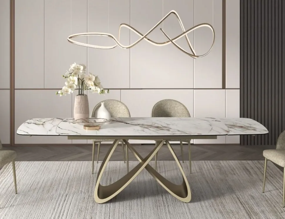 Tavolo allungabile con base Champagne e Piano Ceramica Marmo Opaco in 2 misure