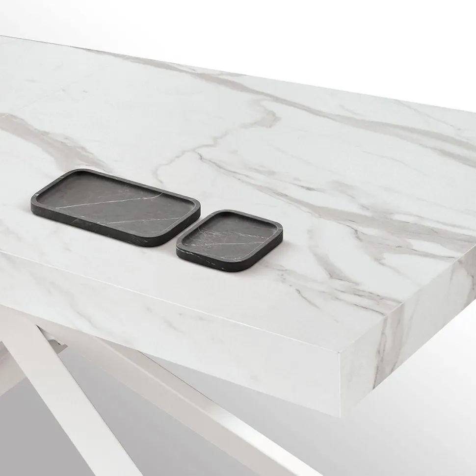 Tavolo allungabile con base incrociata in metallo e Piano in nobilitato effetto Marmo Bianco Statuario