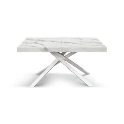 Tavolo allungabile con base incrociata in metallo e Piano in nobilitato effetto Marmo Bianco Statuario