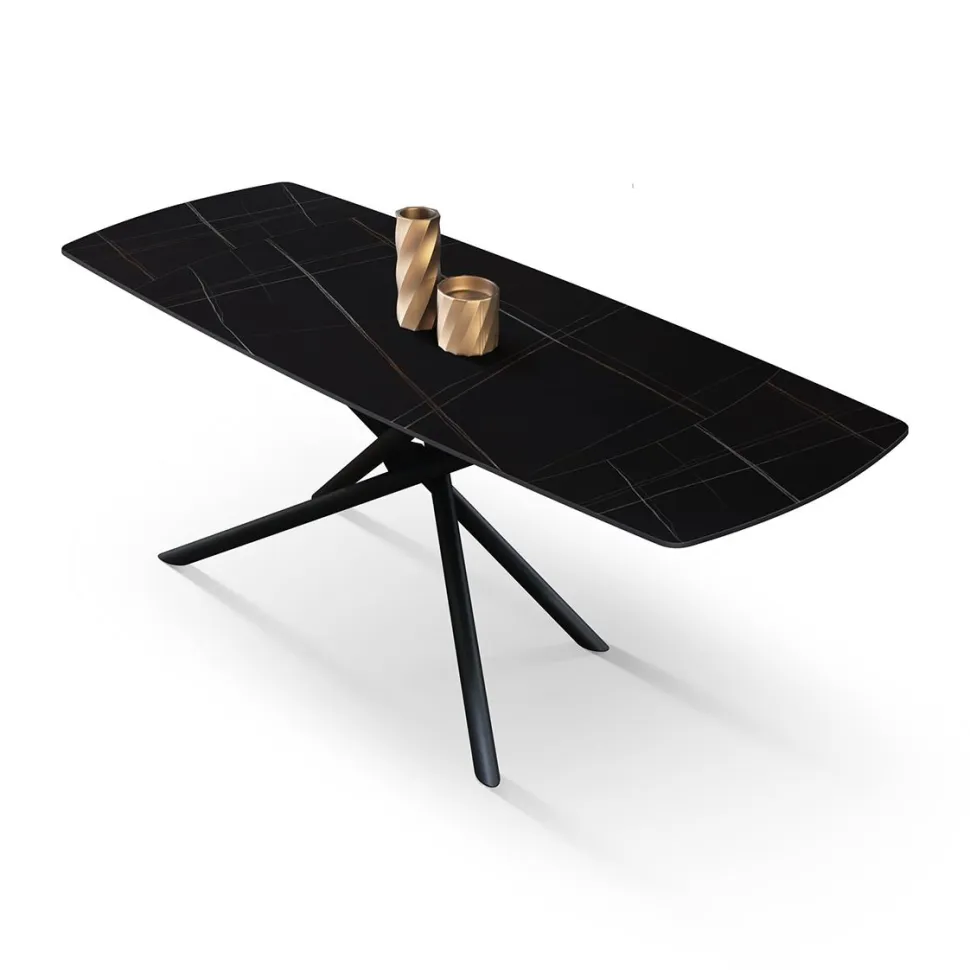 Tavolo Allungabile con base Metallo arrotondata e piano Ceramica Nero Opaco in 2 misure