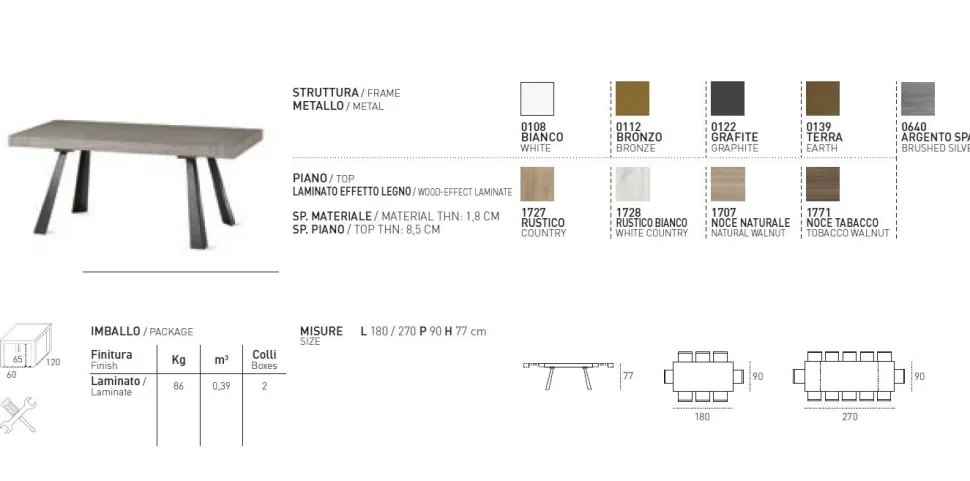 Tavolo allungabile con gambe in metallo e piano rettangolare in laminato effetto legno Grecale