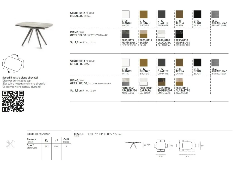 Tavolo allungabile con piano girevole in gres Vortice disponibile in diversi colori L 130