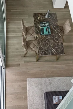 Tavolo allungabile con struttura in metallo e piano in gres porcellanato Giove in finitura Fiordibosco L 160