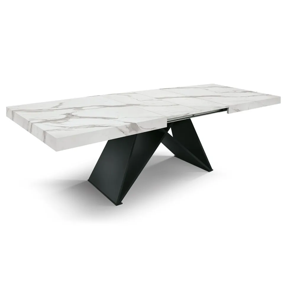 Tavolo allungabile da 160 a 240 cm con base Nera e Piano in nobilitato effetto Marmo Bianco Statuario