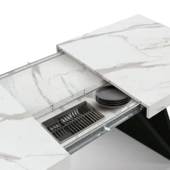 Tavolo allungabile da 160 a 240 cm con base Nera e Piano in nobilitato effetto Marmo Bianco Statuario