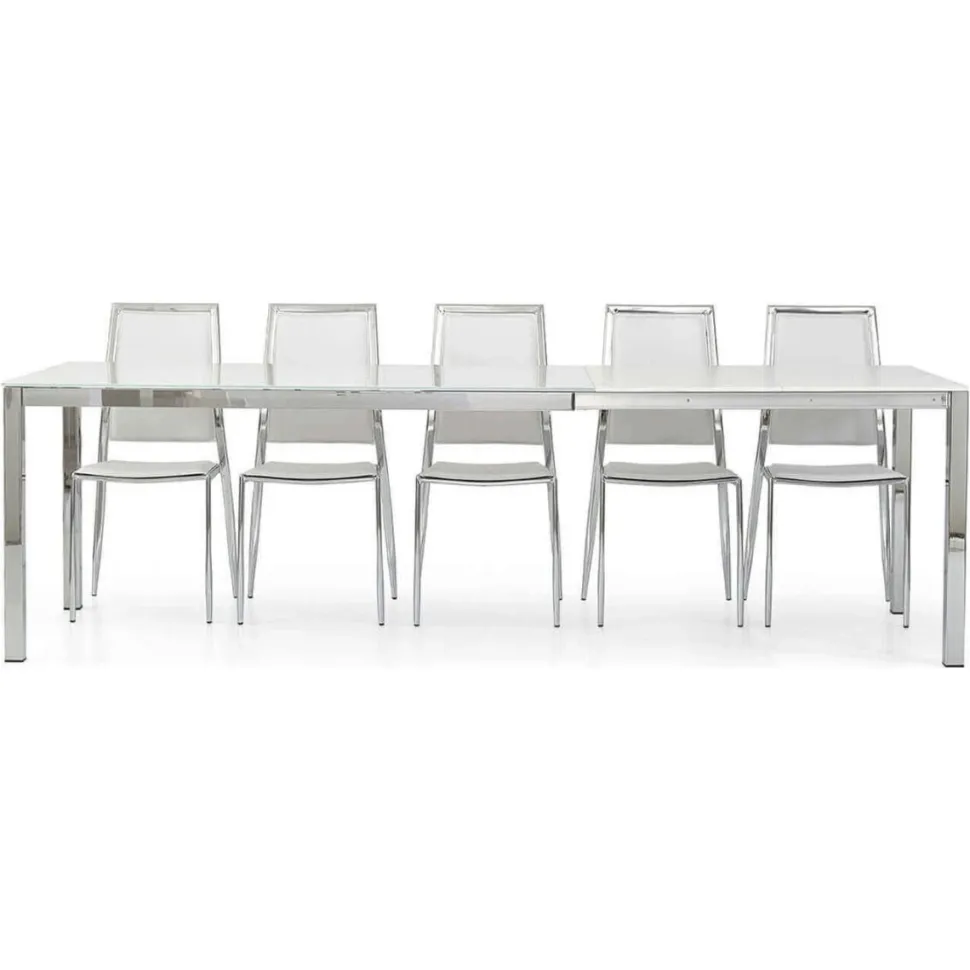 Tavolo Allungabile Moderno Crystal in Vetro Bianco e Struttura in Ferro Cromato