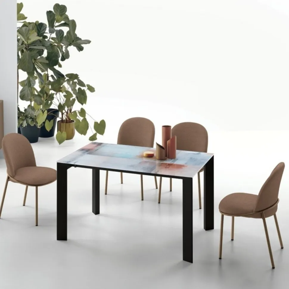 Tavolo allungabile rettangolare con piano in vetro temperato con stampa digitale Saturno L 130