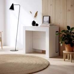 Tavolo Consolle allungabile in nobilitato con vano porta allunghe Bianco Frassino modello Flame fino a 3 metri