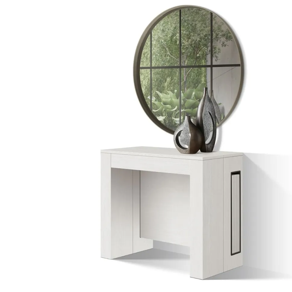 Tavolo Consolle allungabile in nobilitato con vano porta allunghe Bianco Frassino modello Flame fino a 3 metri