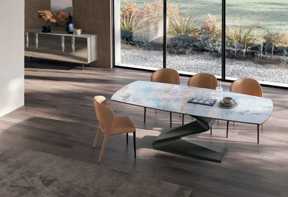 Tavolo fisso con piano a botticella in vetro o gres Zed disponibile in vari colori