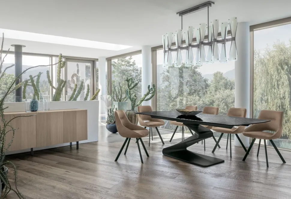 Tavolo fisso con piano a botticella in vetro o gres Zed disponibile in vari colori