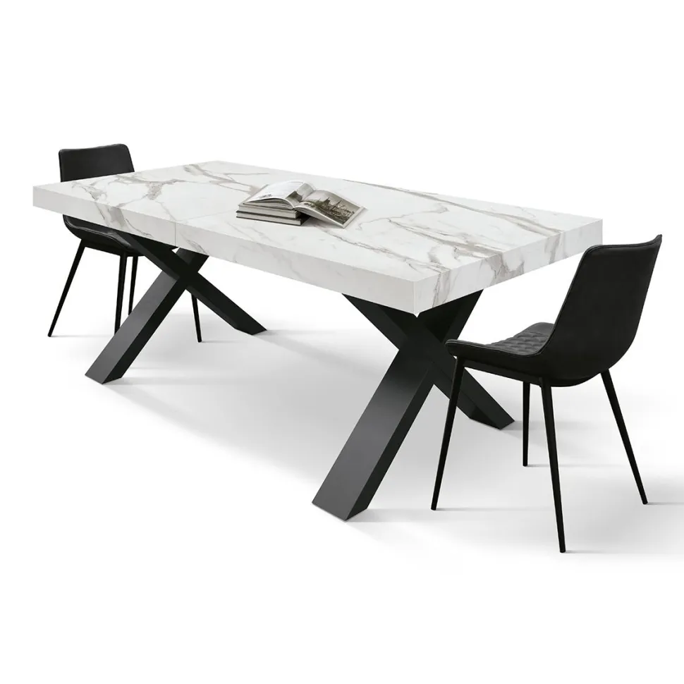 Tavolo rettangolare allungabile con base a X in MDF e piano Nobilitato Marmo Bianco Statuario