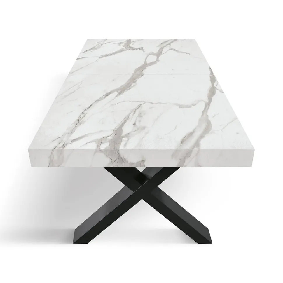 Tavolo rettangolare allungabile con base a X in MDF e piano Nobilitato Marmo Bianco Statuario