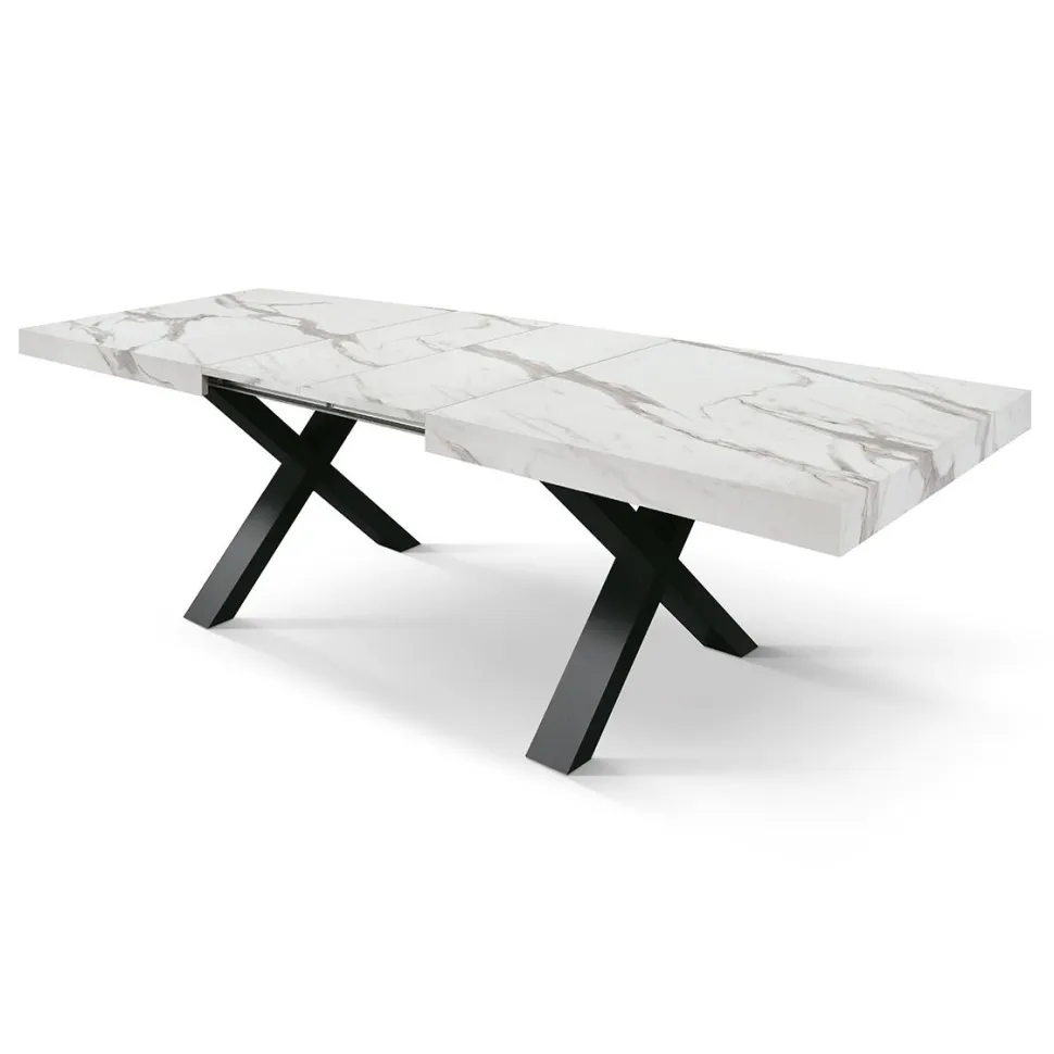 Tavolo rettangolare allungabile con base a X in MDF e piano Nobilitato Marmo Bianco Statuario